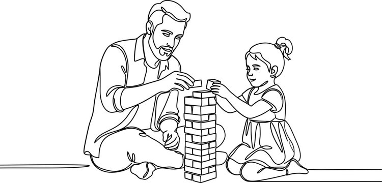 Father and Daughter Playing Together with Wooden Building Blocks.