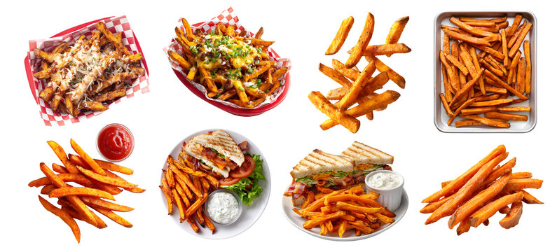 Set of  fried baked sweet potato potatoes fries fry, broken bitten pile, checkered food basket with chili cheese, plate with tartar sauce and BLT sandwich, baking tray, transparent cutout PNG Mockup