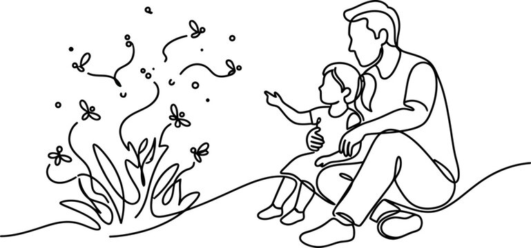 Continuous line art of a father and daughter watching fireflies in nature.