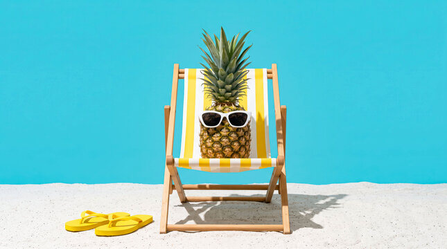 Pineapple wearing sunglasses relaxing on beach lounge chair
