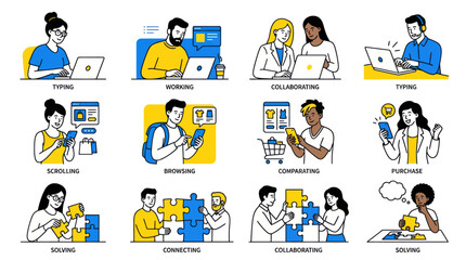 Fototapeta premium Diverse tiny icons representing people working and using technology.