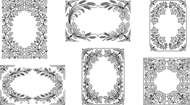 Set of vintage decorative frames with oak leaves and acorns, handdrawn vector illustration transparent background