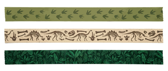Dinosaur footprints, fossils, and jungle leaves decorative tape collection © NURYANI