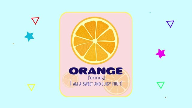 Orange fruit flashcard motion graphics animation with floating geometric shapes