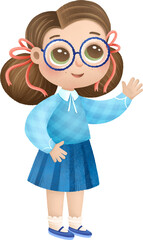 Textured Pastel Illustration of a Girl Waving. Ideal for educational materials, classroom posters, and children's book design.