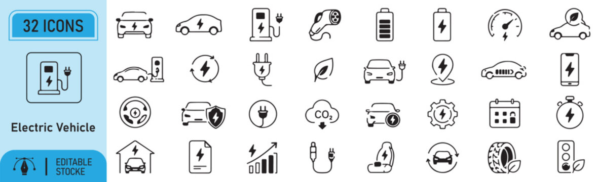 32 Electric Vehicle Line Icons, EV Charging Station and Eco Transportation Vector Set