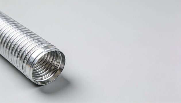 Close up shot of a silver flexible corrugated metallic conduit pipe used in HVAC ventilation, engineering, and industrial cooling systems.
