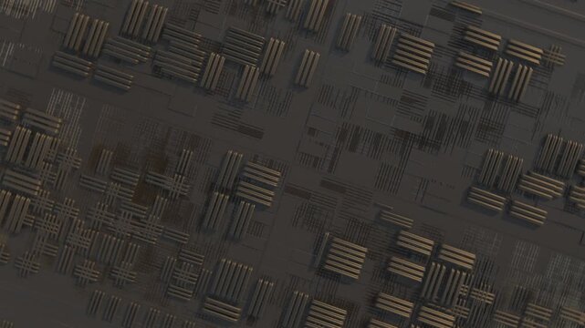 Futuristic aerial view of a detailed high-tech platform with  panels, pipes and modular structures