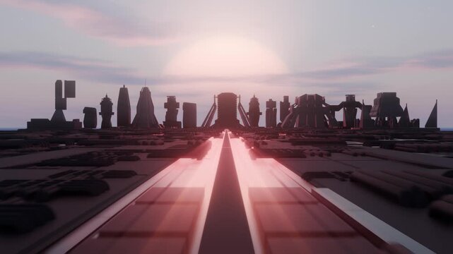 Cinematic futuristic view of a glowing pathway leading through a massive high-tech platform toward a distant megacity skyline at sunset, endless