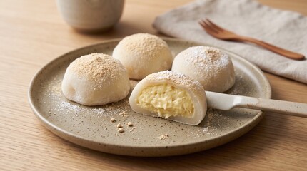 Fototapeta premium Durian mochi dessert pieces, Creamy filling cut open, Soft tropical sweet close up, Minimal plate styling, Premium dessert stock photo