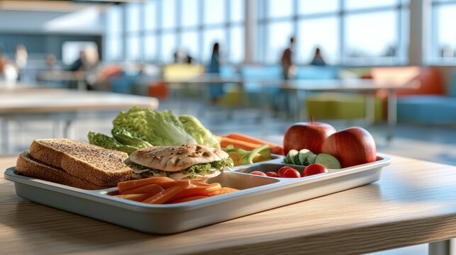 Stunning photo of Healthy School Lunch Tray with Sandwich, Fruit, and Vegetables in a Cafeteria
