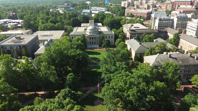 Aerial flyover view of University of North Carolina campus in Chapel Hill , North Carolina