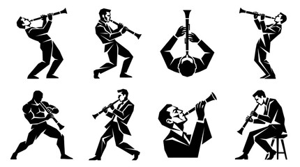 Musician Playing Clarinet Set: Diverse Poses, Silhouettes, Jazz Band, Classical Music © goeng_art