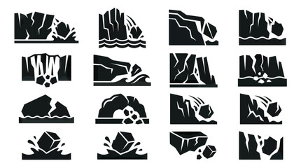 Obraz premium Set of black cliff icons, rock formations, erosion, and falling rocks