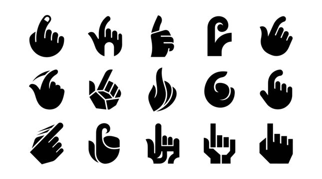 Set of 15 Black Hand Gestures Icons, Pointing and Click Cursors