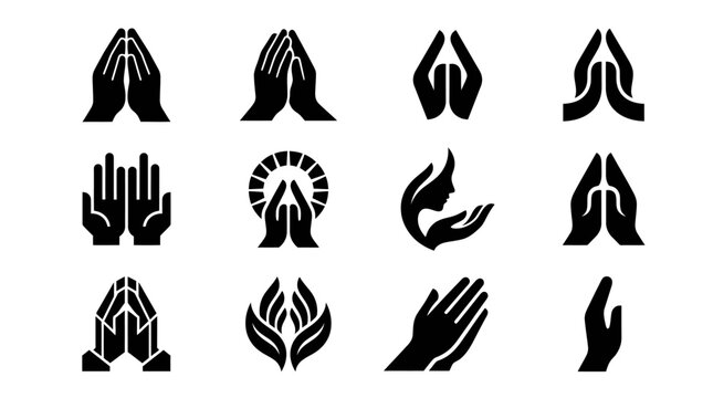 Set of praying hands icons, diverse styles, spiritual and religious symbols