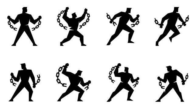 Silhouette of a man breaking chains, concept of freedom and strength