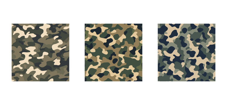 Set of 3 seamless camouflage patterns. Military army camo background bundle. Classic green woodland and dark grey urban tactical textures for fabric print, hunting apparel, textile, vector collection