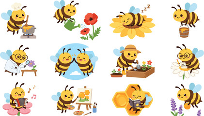 Obraz premium Cute Cartoon Honey Bee Character Sticker Set Featuring Bees Cooking, Gardening, Painting, Studying, and Playing Music for Kids Designs