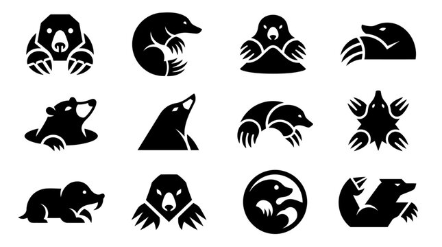 Set of stylized black animal icons: bears and moles, vector graphics, modern design