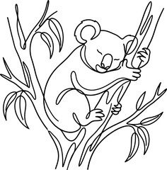 Continuous one line drawing of a cute sleeping koala on a eucalyptus tree branch. © Pionn