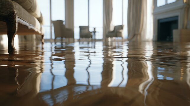 Stunning photo of Water covering a polished wooden floor in a luxurious living room with elegant furniture and large windows, reflecting the interior