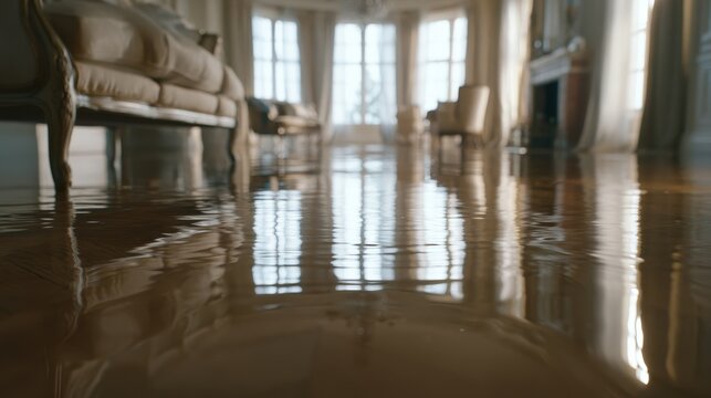 Stunning photo of Water covering a polished wooden floor in a luxurious living room with elegant furniture and large windows, reflecting the interior