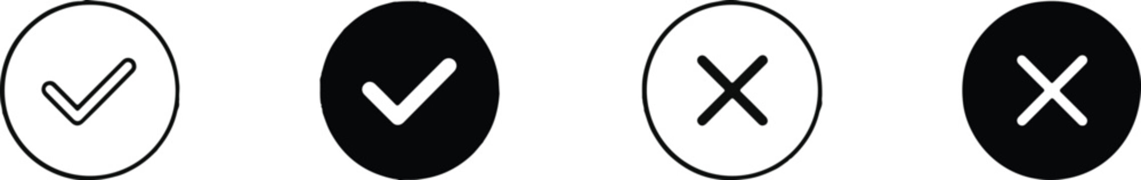 Checkmark and x mark icons set in outline and solid styles with checkmark incorrect interface collection minimalist verification validation