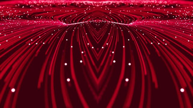 Abstract Symmetrical Kaleidoscope Pattern with Red Neon Lines and White Particle Dots