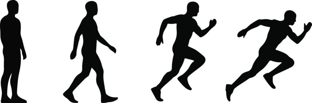 Human movement evolution silhouettes showing standing walking jogging and running with silhouette movement evolution standing exercise progress