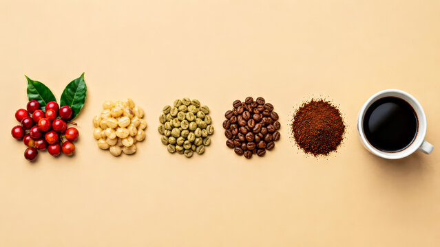 Journey of Coffee from Fruit to Beverage on Matte Warm Beige Background