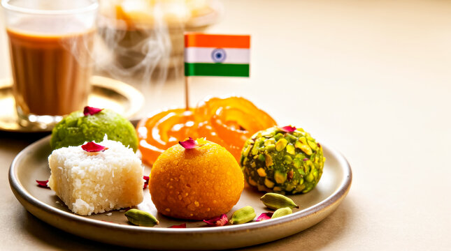 Plate of Festive Indian Sweets, Small Indian Flag and Cup of Chai