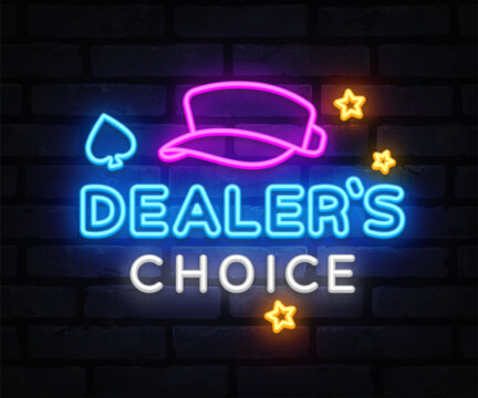 Neon dealer's choice sign with poker hat, spade icon, and glowing stars. Bright composition for gaming, tournaments, or casino ads.
