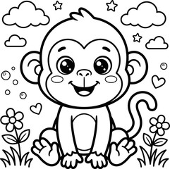 Fototapeta premium Coloring page Coloring page Cute cartoon monkey sitting in a field with flowers and clouds