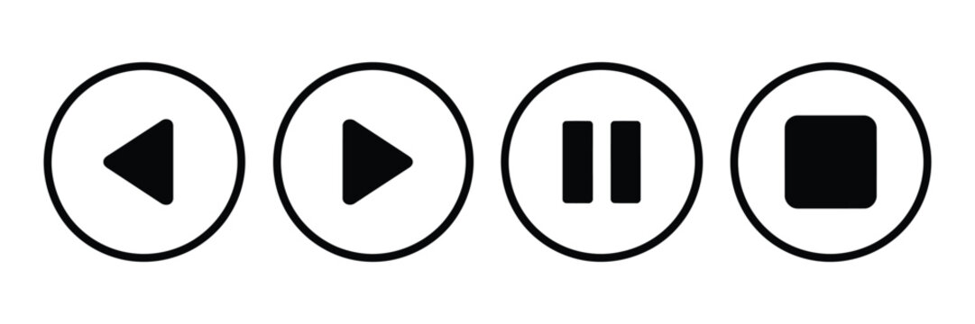 Media control icon set featuring previous replay play pause stop and next buttons in outline and solid styles