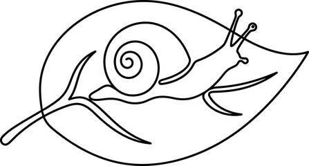 Minimalist continuous line drawing of a cute snail crawling on a leaf. © Arzo