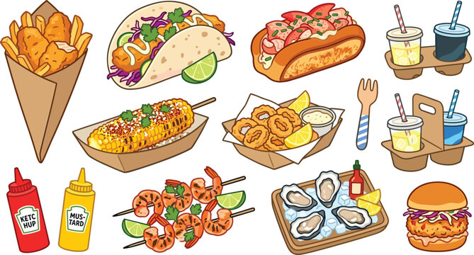 Seafood Fast Food and Street Food Vector Illustration Set Featuring Fish and Chips, Lobster Roll, Shrimp Tacos, Calamari, Oysters, and Takeaway Drinks