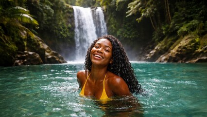 Fototapeta premium Smiling woman swimming in a turquoise waterfall pool surrounded by lush tropical forest, summer travel.