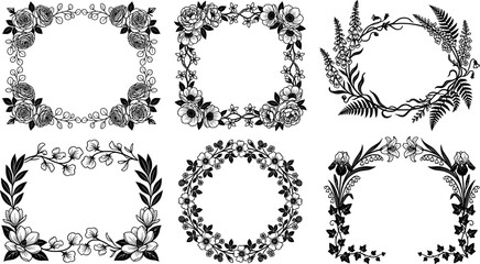 Set of floral frames and wreaths, hand drawn botanical elements for wedding invitations and greeting cards transparent background © SampaRani