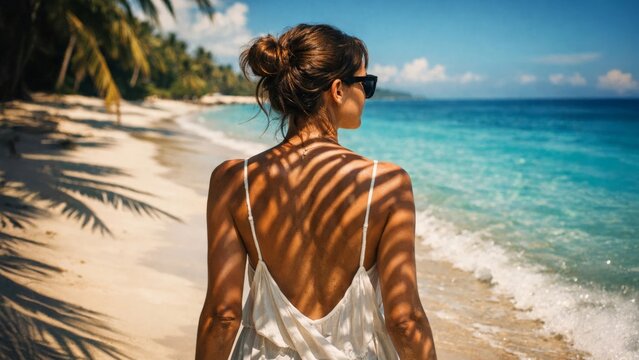 Woman in white sundress standing on tropical beach, back view with palm shadows and turquoise sea, summer getaway mood.