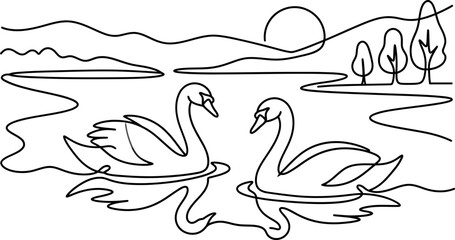Continuous line art illustration of two elegant swans swimming on a serene lake. © Mutmainah