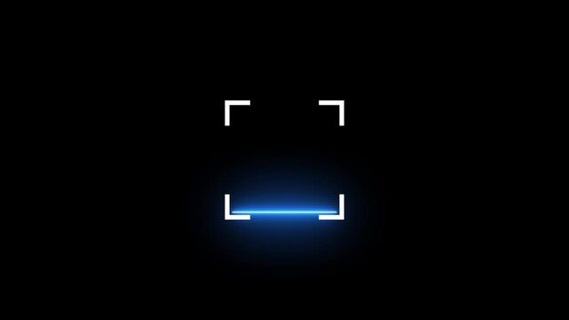 Digital camera viewfinder focus frame with a glowing blue light line scanning on a dark black background