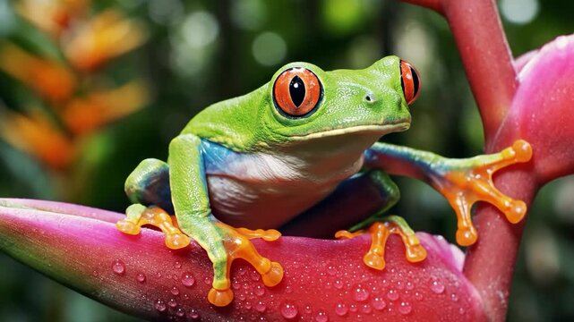 Vibrant Red-Eyed Tree Frog Perched on a Bright Pink Heliconia Flower in a Lush Tropical Rainforest.