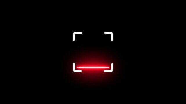 Red laser beam scanning inside a square frame on a dark black background representing digital security technology and identification process for biometric face recognition or barcode scanner concept