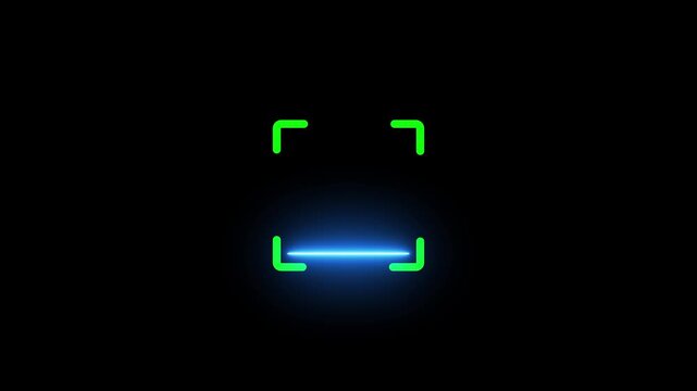 Digital biometric face scanner frame with neon green corner markers and blue laser scanning line for security identification authentication technology isolated on a black background