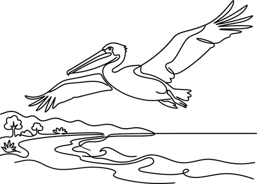 Continuous one line drawing of a flying pelican bird.