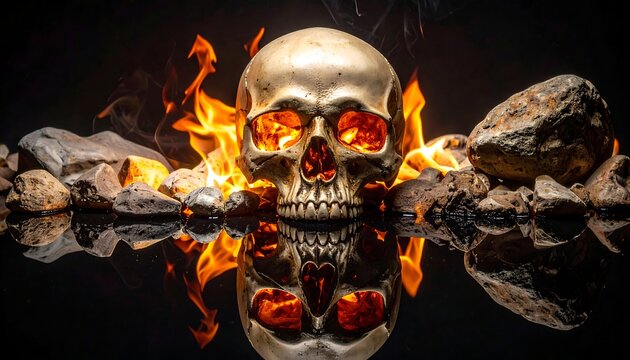 A skull with glowing orange eyes surrounded by flames