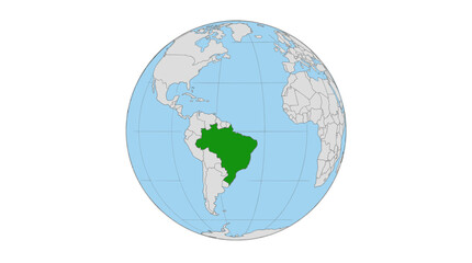 Fototapeta premium Globe with Brazil highlighted in green on a world map showing continents and oceans with latitude and longitude lines