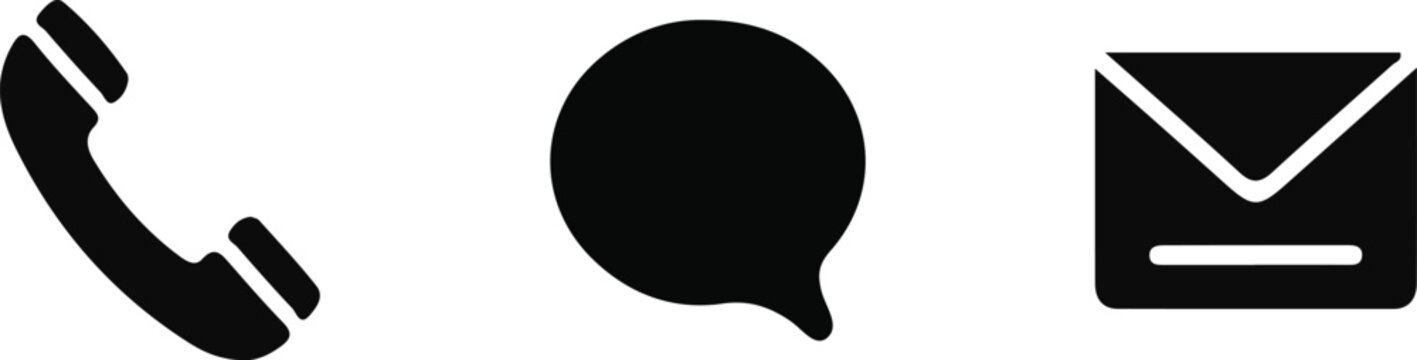 Set of communication icons including telephone handset, speech bubble, and email envelope for contact information and digital messaging interface