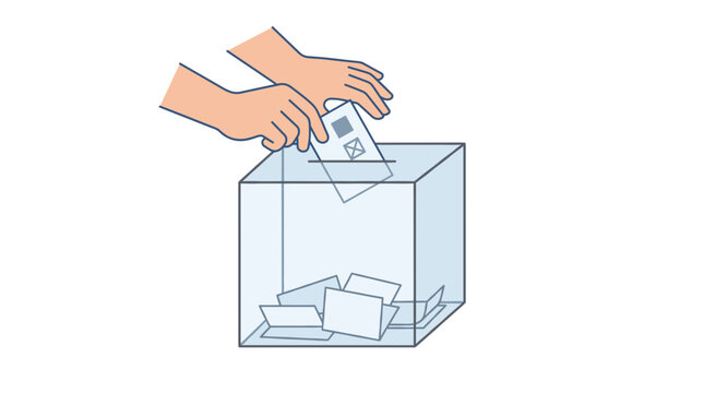 Hands casting a vote into a transparent ballot box during an election process
